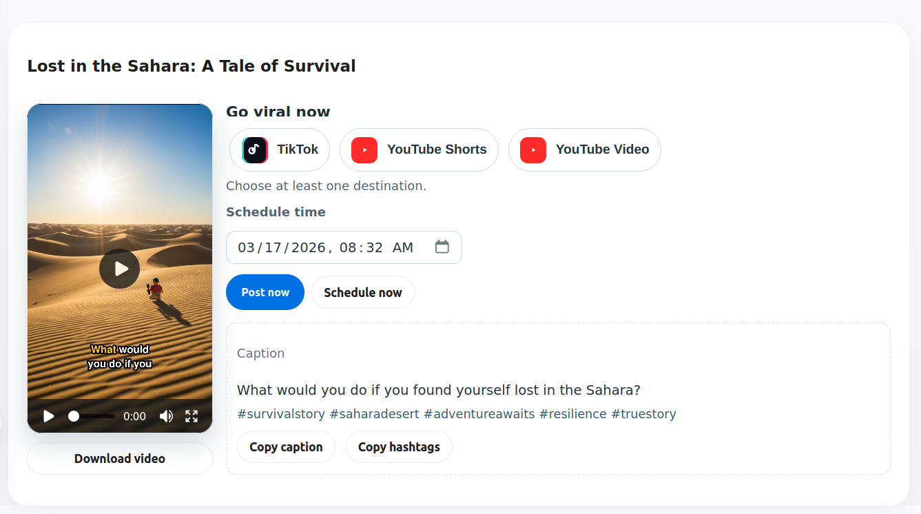 Publish the video to your channels now or schedule it for later